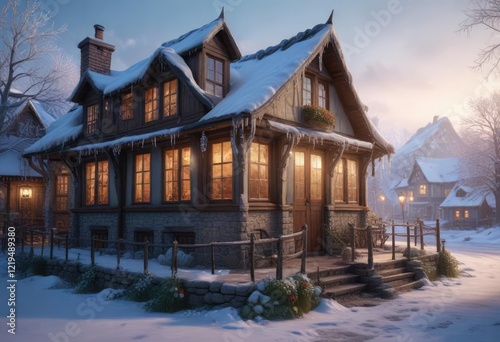 Wallpaper Mural Glittering icicles and frosty windows adorn a charming winter village scene with a cozy inn, wintery wonderland, charming winter village Torontodigital.ca