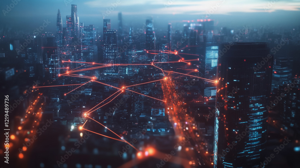 Fototapeta premium Smart digital Innovation city with connection network reciprocity over the twilight cityscape. of future smart wireless digital city and social media networking systems that connects people with city