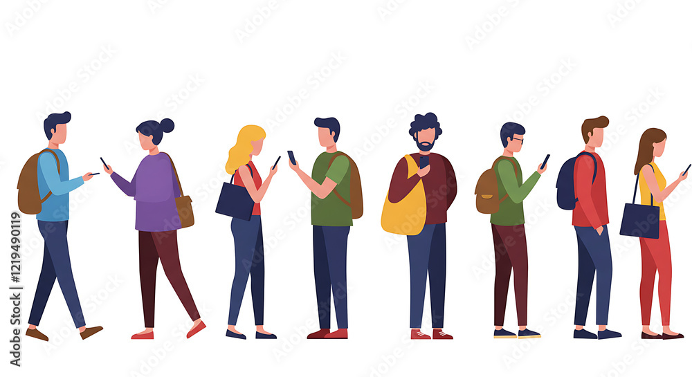 Back view of people standing in line. Vector in flat style, isolated characters patiently waiting in line. Men and women in crowd in row, queue of personages talking and chatting on phones Back view of people standing in line. Vector in flat style, isolated characters patiently waiting in line. Men and women in crowd in row, queue of personages talking and chatting on phones