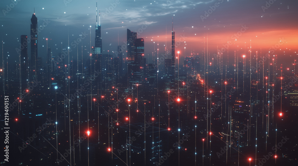 Fototapeta premium Smart digital Innovation city with connection network reciprocity over the twilight cityscape. of future smart wireless digital city and social media networking systems that connects people with city 