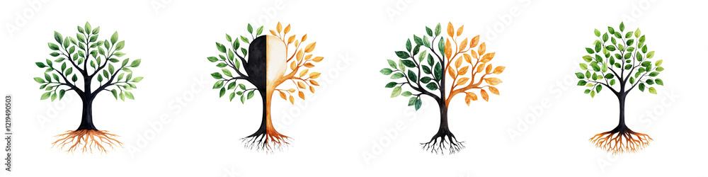 Fototapeta premium Four stylized trees with varying colors, shapes, and leaf arrangements, symbolizing growth, life, and diversity.