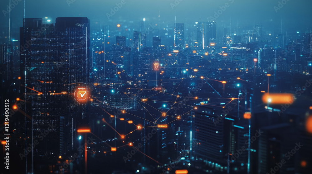 Naklejka premium Smart digital Innovation city with connection network reciprocity over the twilight cityscape. of future smart wireless digital city and social media networking systems that connects people with city 