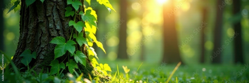 Obraz premium Ivy climbing up a pine tree, sunlight filtering through greenery, sunlight, tree