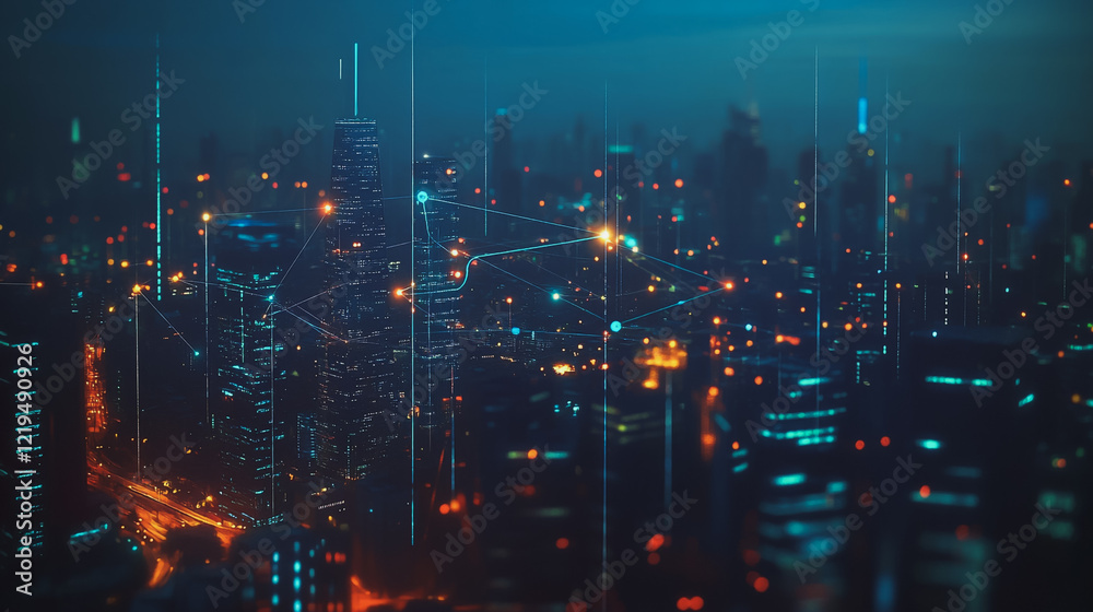 Obraz premium Smart digital Innovation city with connection network reciprocity over the twilight cityscape. of future smart wireless digital city and social media networking systems that connects people with city 