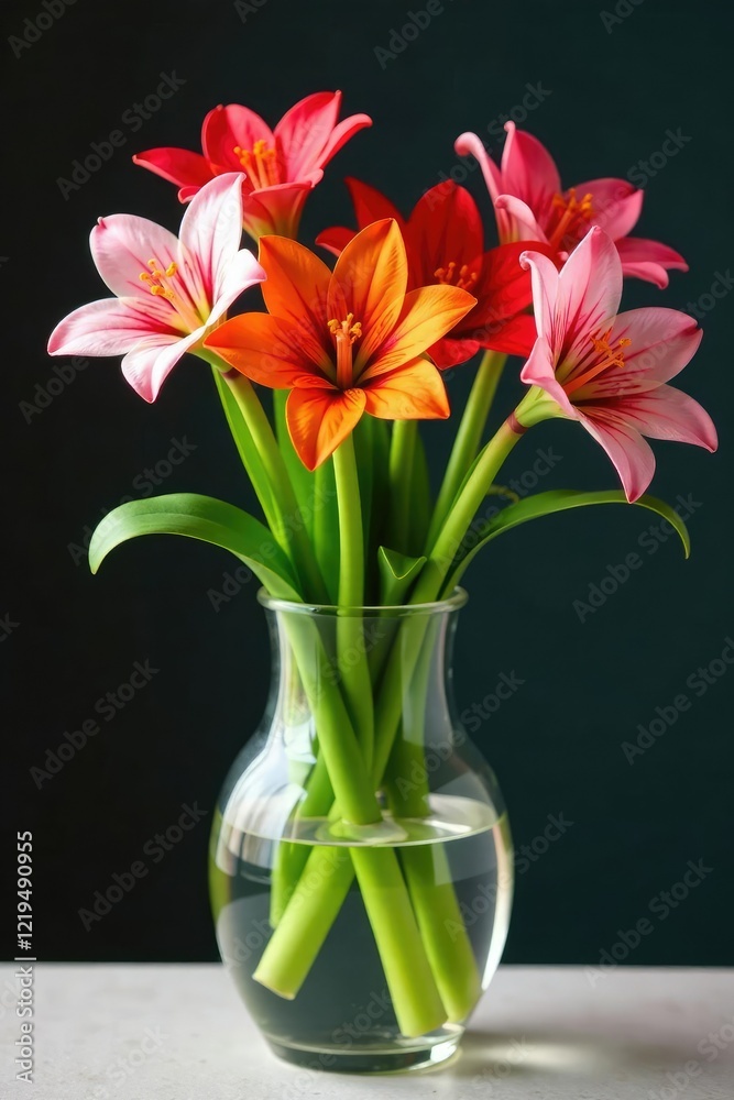 Fototapeta premium Fresh cut Alstroemeria stems in a modern glass vase, fresh, modern, arrangement