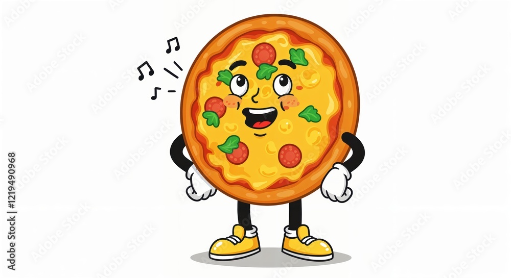 Fototapeta premium Cheerful cartoon pizza character singing with musical notes and pepperoni toppings