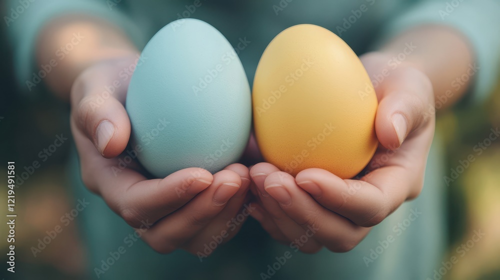 A woman holds two colorful Easter eggs in her hands, symbolizing the joy and celebration of the Easter holiday. A woman holds two colorful Easter eggs in her hands, symbolizing the joy and celebration of the Easter holiday.