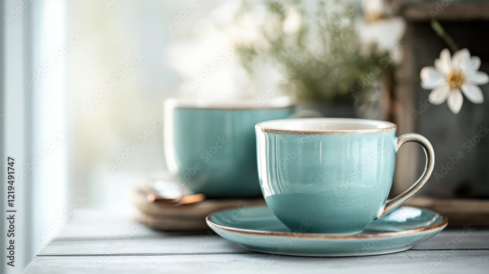 A stylish teal cup sits elegantly on a rustic wooden table alongside a matching plate, showcasing an inviting and serene dining arrangement with natural beauty. A stylish teal cup sits elegantly on a rustic wooden table alongside a matching plate, showcasing an inviting and serene dining arrangement with natural beauty.