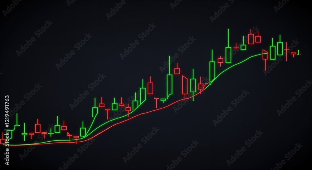 Fototapeta premium Green and red candlestick chart with trend lines on dark background