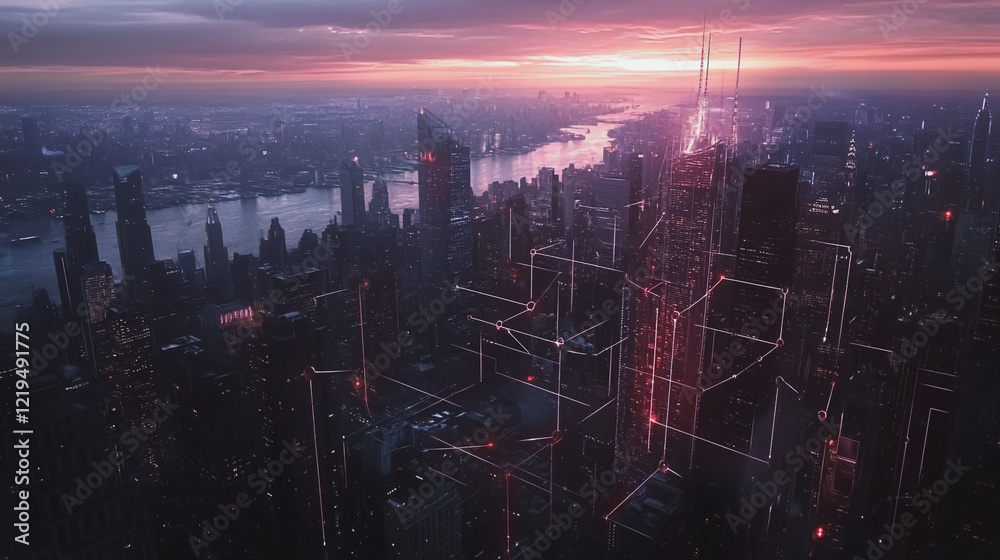 Fototapeta premium Smart digital Innovation city with connection network reciprocity over the twilight cityscape. of future smart wireless digital city and social media networking systems that connects people with city 