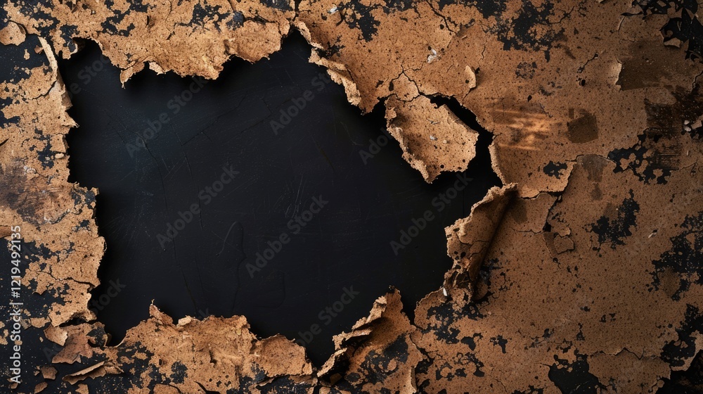 Fototapeta premium Hole in cork material texture on black rippled background with natural cork fragments