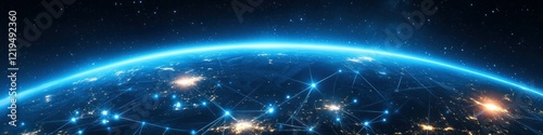 A digital representation of Earth from space, showcasing interconnected networks and lights.