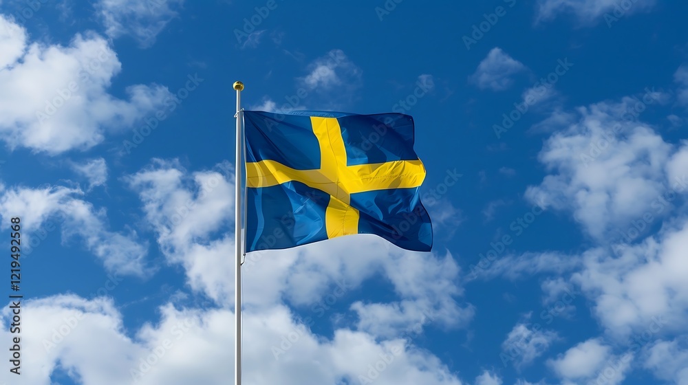 Sweden flag waving in the wind against a blue sky with clouds Sweden flag waving in the wind against a blue sky with clouds