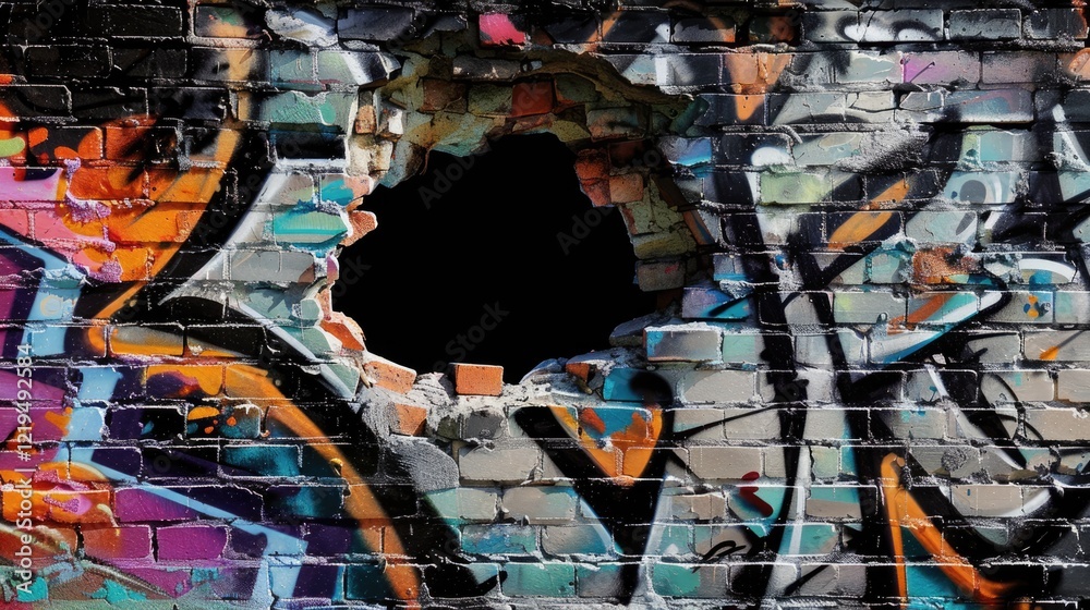 Fototapeta premium Background with hole in colorful graffiti brick wall with vibrant street art design