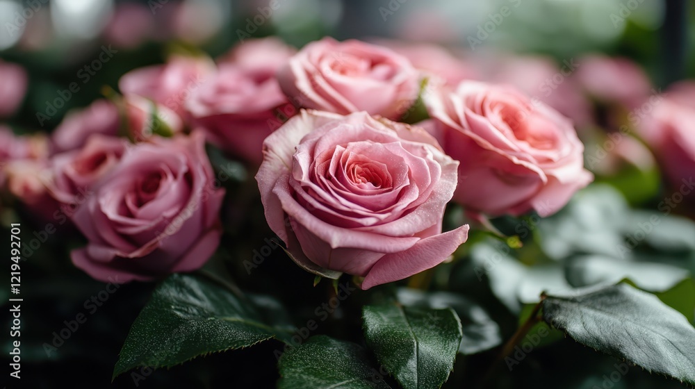 A beautiful arrangement of pink roses with lush green leaves showcasing tenderness and elegance, perfect for expressing love and admiration on any occasion. A beautiful arrangement of pink roses with lush green leaves showcasing tenderness and elegance, perfect for expressing love and admiration on any occasion.