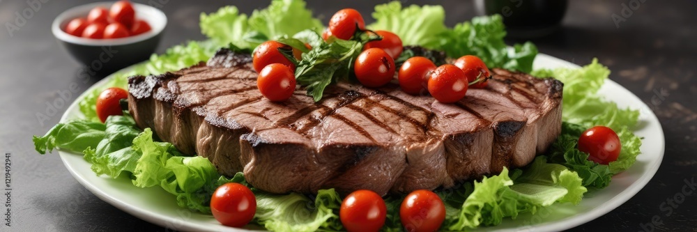 Grilled ribeye steak served on a bed of crisp lettuce and cherry tomatoes , composition, savory, rich Grilled ribeye steak served on a bed of crisp lettuce and cherry tomatoes , composition, savory, rich