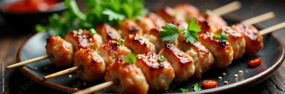 Grilled pork skewers with sesame seeds and chili, cuisine, meaty Grilled pork skewers with sesame seeds and chili, cuisine, meaty