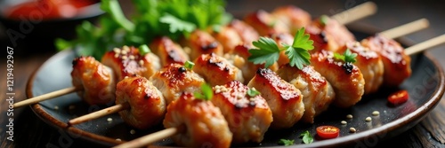 Grilled pork skewers with sesame seeds and chili, cuisine, meaty