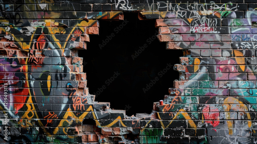 Background with hole in colorful graffiti brick wall with vibrant street art design Background with hole in colorful graffiti brick wall with vibrant street art design