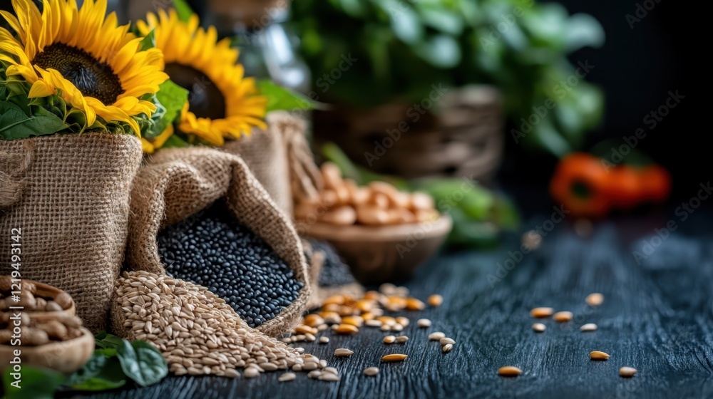 This image showcases an elegant composition of natural seeds and sunflowers arranged on a dark surface, highlighting themes of nature, growth, and the beauty of organic elements. This image showcases an elegant composition of natural seeds and sunflowers arranged on a dark surface, highlighting themes of nature, growth, and the beauty of organic elements.