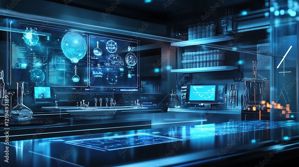 A futuristic lab background with holographic displays showing scientific data and experiments A futuristic lab background with holographic displays showing scientific data and experiments