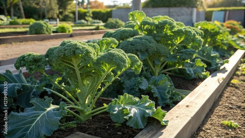 Green broccoli plants in a garden bed with sunlight, broccoli, greenery, nature