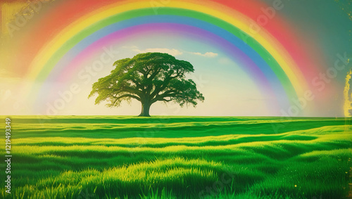 Gorgeous scenery with a field of green grass and a lone tree in the distance, as well as a magnificent rainbow photo