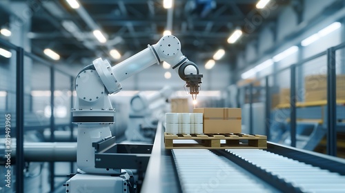 A high-tech robotic arm placing products on a conveyor belt in a clean, modern factory