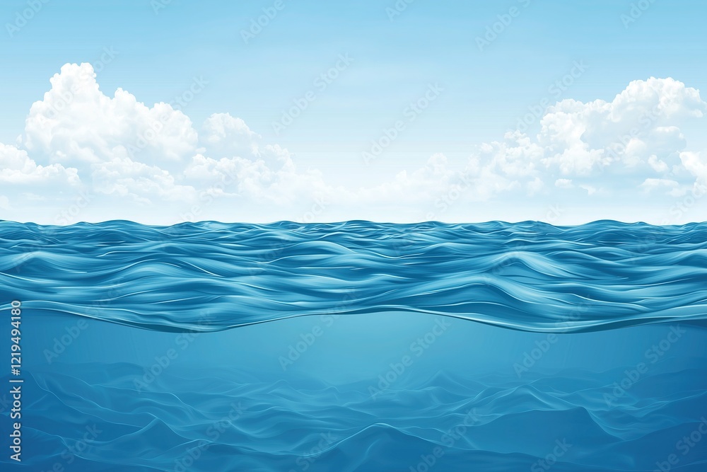 Blue ocean water with sky background vector illustration, featuring water surface at the bottom and clouds on top, perfect for summer vacation concept banners, posters, or flyers Blue ocean water with sky background vector illustration, featuring water surface at the bottom and clouds on top, perfect for summer vacation concept banners, posters, or flyers