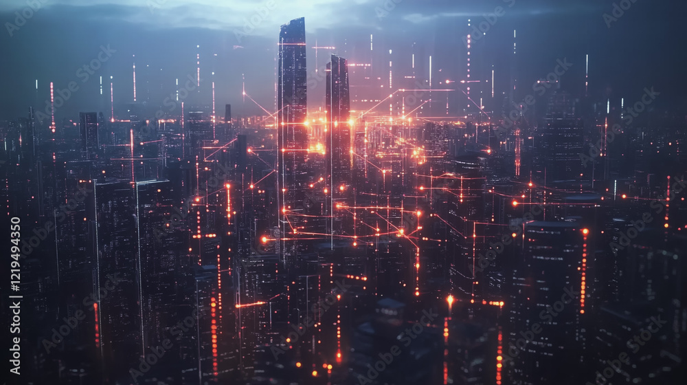 Obraz premium Smart digital Innovation city with connection network reciprocity over the twilight cityscape. of future smart wireless digital city and social media networking systems that connects people with city 