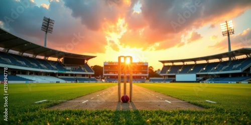 A cricket ball rests at the base of the wickets at sunset in an empty stadium