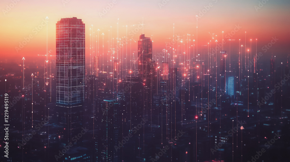 Obraz premium Smart digital Innovation city with connection network reciprocity over the twilight cityscape. of future smart wireless digital city and social media networking systems that connects people with city 