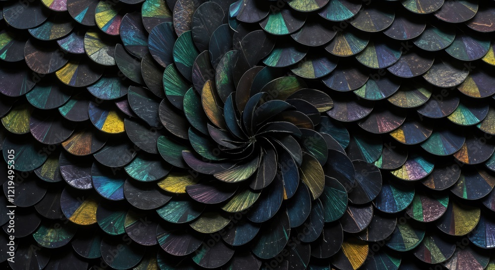 Obraz premium Abstract iridescent scales with spiral pattern in vibrant dark hues
