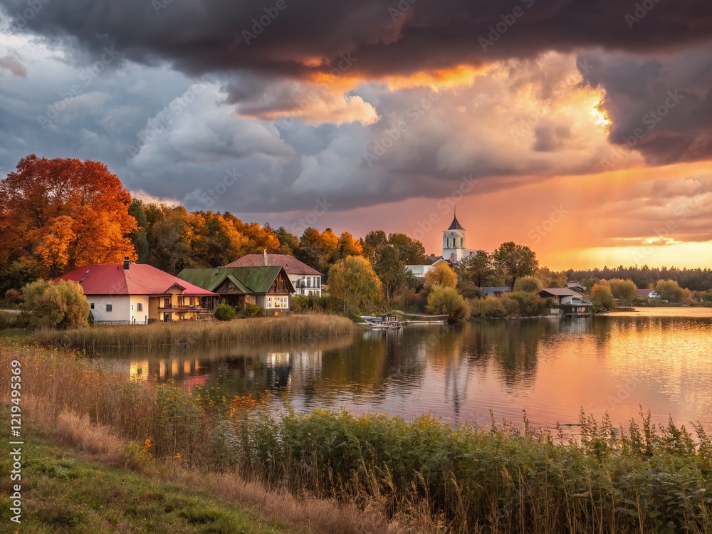 Fototapeta premium Stunning Autumn Sunset over Lakeside Village - September Dusk