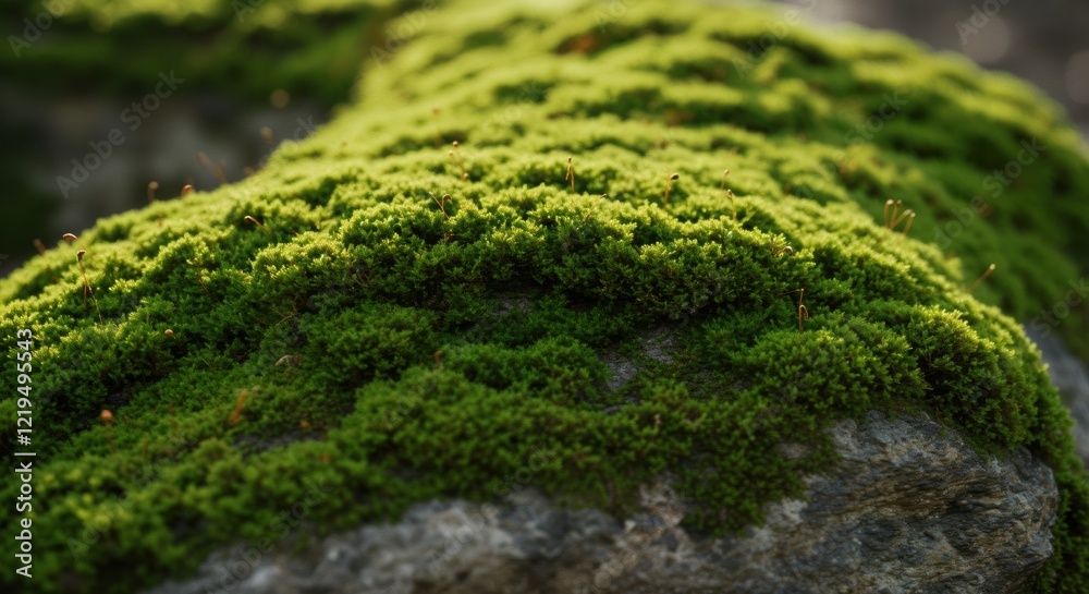 Lush green moss covering a rock in natural forest environment Lush green moss covering a rock in natural forest environment