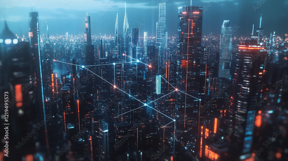 Fototapeta premium Smart digital Innovation city with connection network reciprocity over the twilight cityscape. of future smart wireless digital city and social media networking systems that connects people with city 