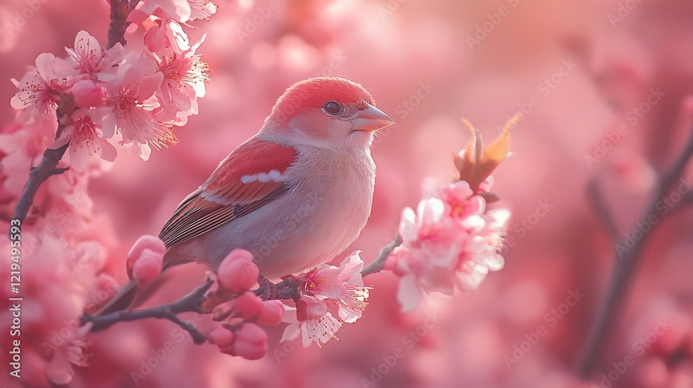 A sparrow nestled in the branches of a blossoming cherry tree in spring A sparrow nestled in the branches of a blossoming cherry tree in spring