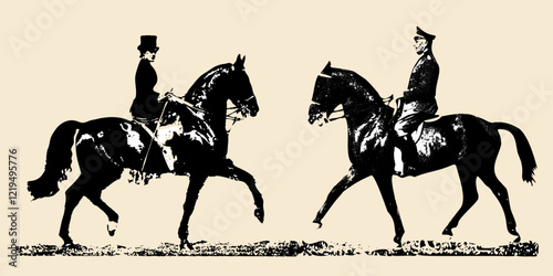 silhouettes isolated , a lady and a gentleman on horseback, opposite each other