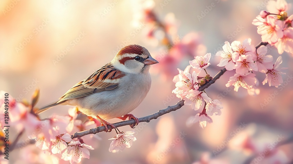 Fototapeta premium Sparrow Nestled Among Cherry Blossoms in Spring