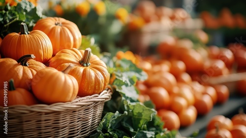 Fototapeta Naklejka Na Ścianę i Meble -  A vibrant showcase of orange pumpkins in a market setting, symbolizing abundance and the beauty of the fall harvest season, inviting viewers to enjoy seasonal delights.