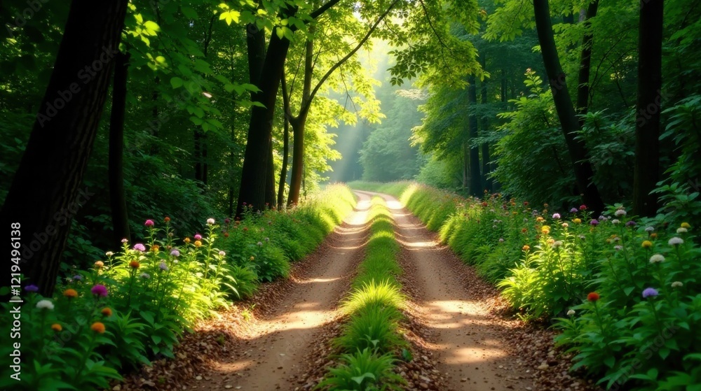 Obraz premium Sunlit Path Through a Verdant Forest with Vibrant Wildflowers Lining the Way