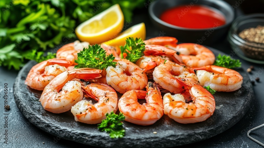 Fresh Seafood Dishes with Vibrant Garnishes on Stone Plate Fresh Seafood Dishes with Vibrant Garnishes on Stone Plate