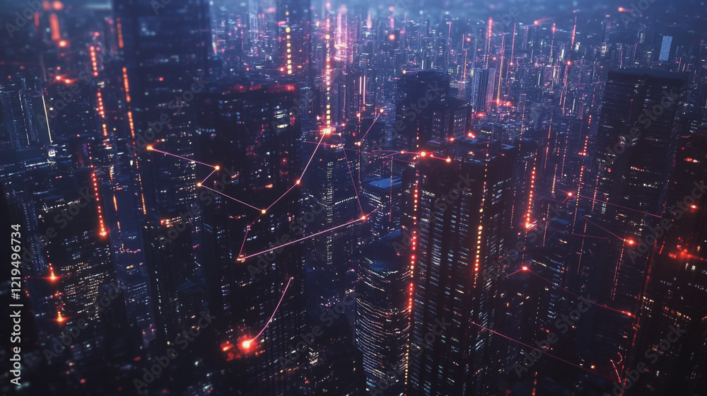 Naklejka premium Smart digital Innovation city with connection network reciprocity over the twilight cityscape. of future smart wireless digital city and social media networking systems that connects people with city