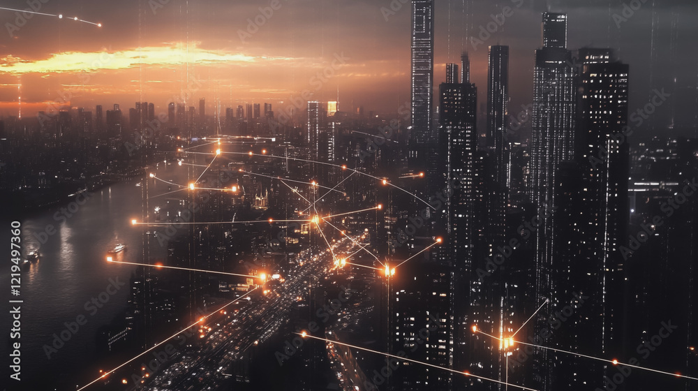 Fototapeta premium Smart digital Innovation city with connection network reciprocity over the twilight cityscape. of future smart wireless digital city and social media networking systems that connects people with city 