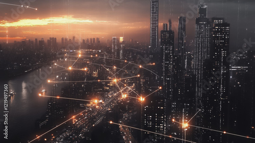 Wallpaper Mural Smart digital Innovation city with connection network reciprocity over the twilight cityscape. of future smart wireless digital city and social media networking systems that connects people with city
 Torontodigital.ca