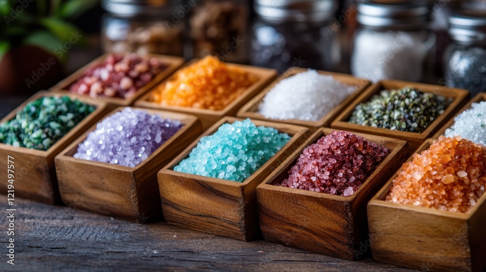 A stunning display of various sea salts arranged in wooden trays, showcasing a spectrum of colors and textures to inspire culinary creativity and gourmet exploration. A stunning display of various sea salts arranged in wooden trays, showcasing a spectrum of colors and textures to inspire culinary creativity and gourmet exploration.