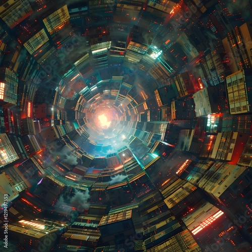 Surreal Vortex of Cargo Boxes with Glowing Digital Tags Representing Chaotic Logistics System