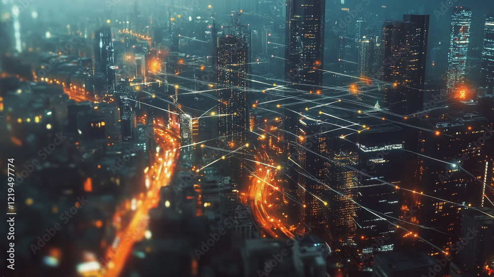 Obraz premium Smart digital Innovation city with connection network reciprocity over the twilight cityscape. of future smart wireless digital city and social media networking systems that connects people with city 