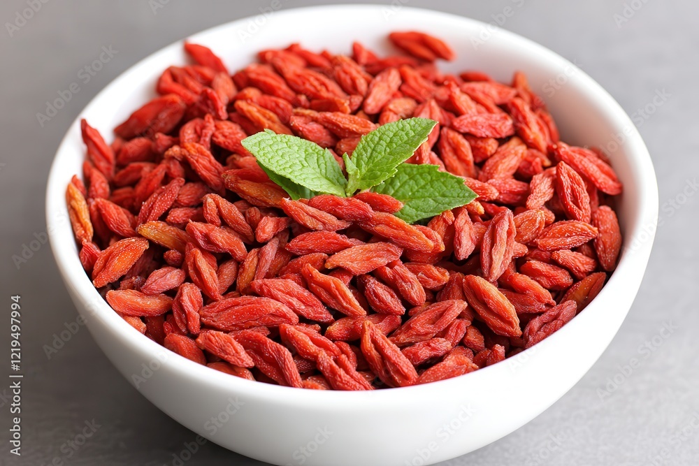 Natural goji berry snack. Goji berries in a white bowl garnished with fresh mint leaves. Natural goji berry snack. Goji berries in a white bowl garnished with fresh mint leaves.