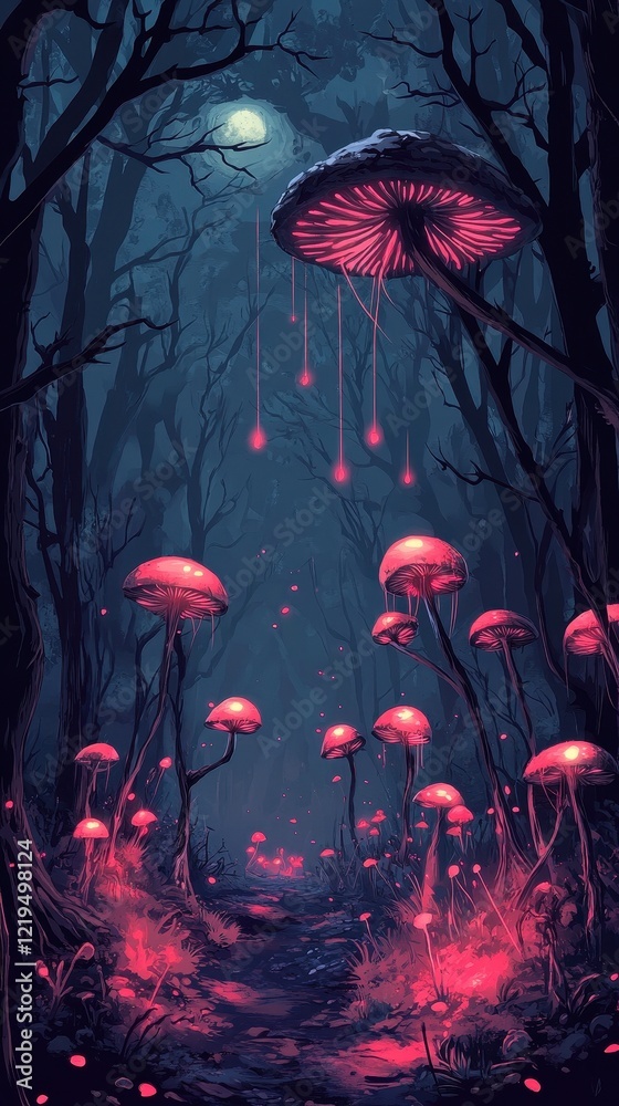 Fototapeta premium Glowing Fungi Illuminate a Dark Forest Path
